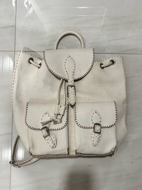 Fendi White Leather Drawstring Backpack with Contrast Stitching